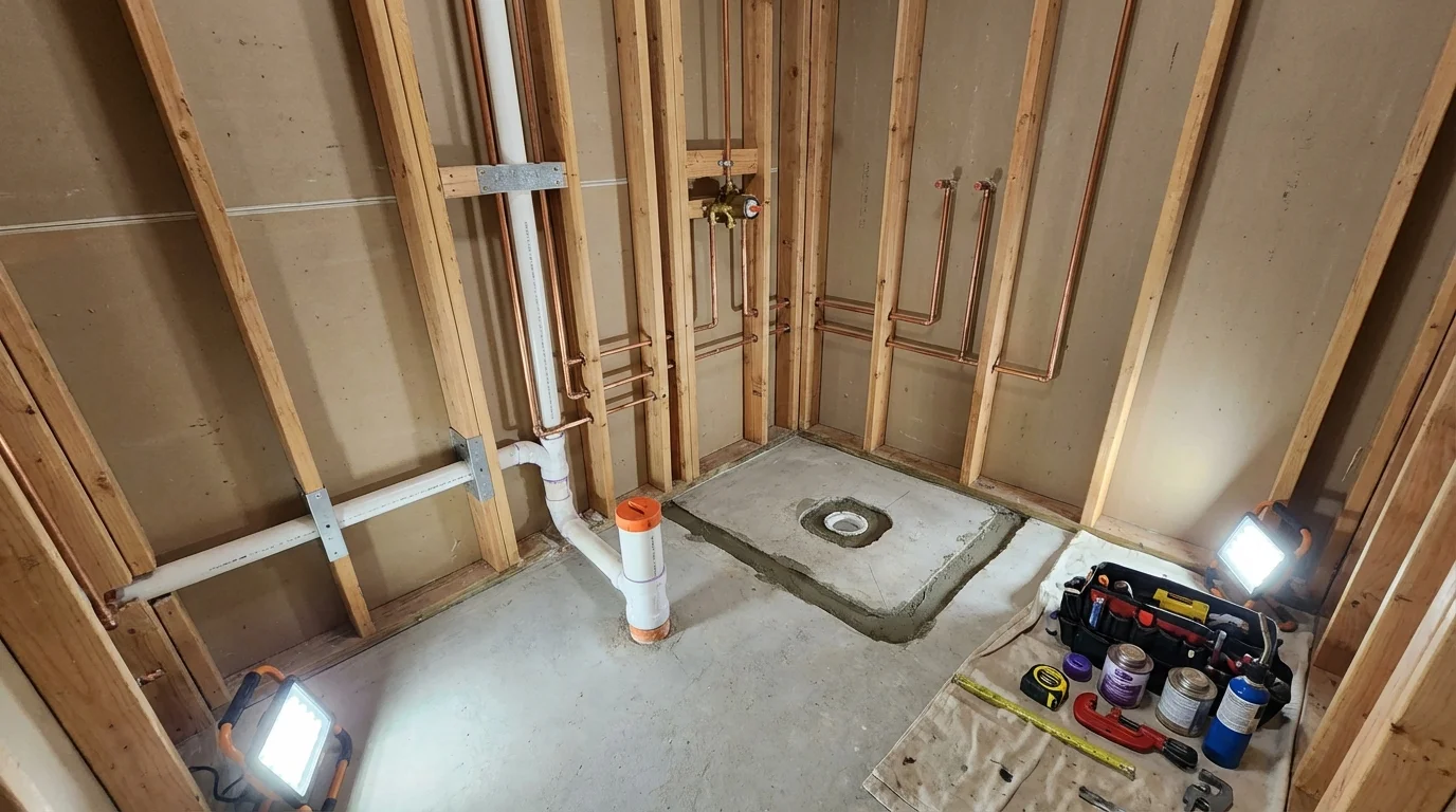 Bathroom rough-in plumbing during remodel by Johns Plumbing LLC in Downers Grove