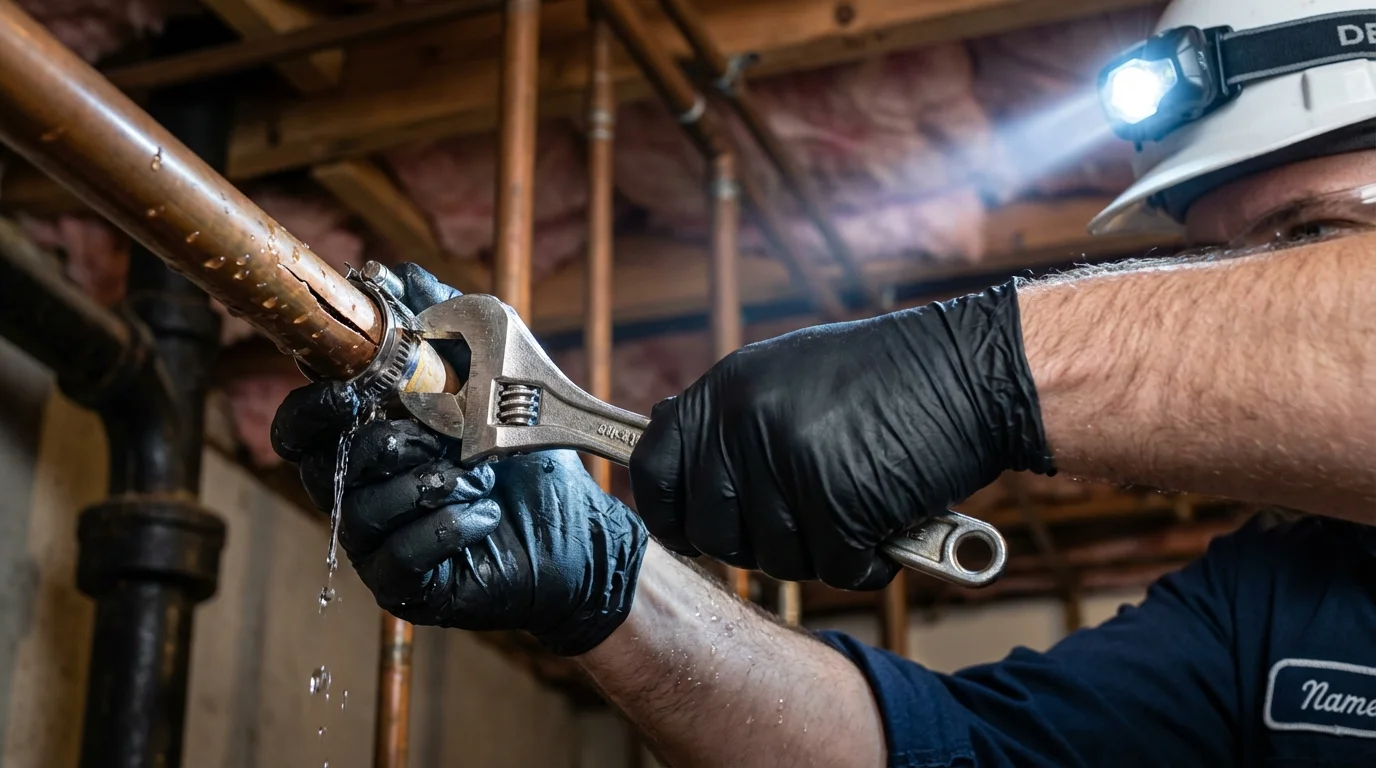 Emergency pipe clamp repair being performed by a Johns Plumbing LLC plumber in Downers Grove