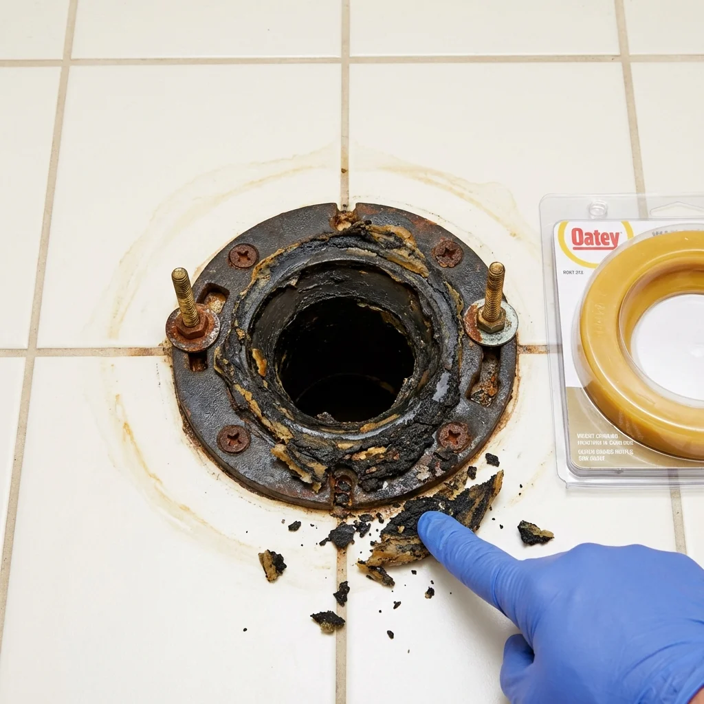 Failed wax ring showing water seepage at the base of a toilet in a Downers Grove, IL home