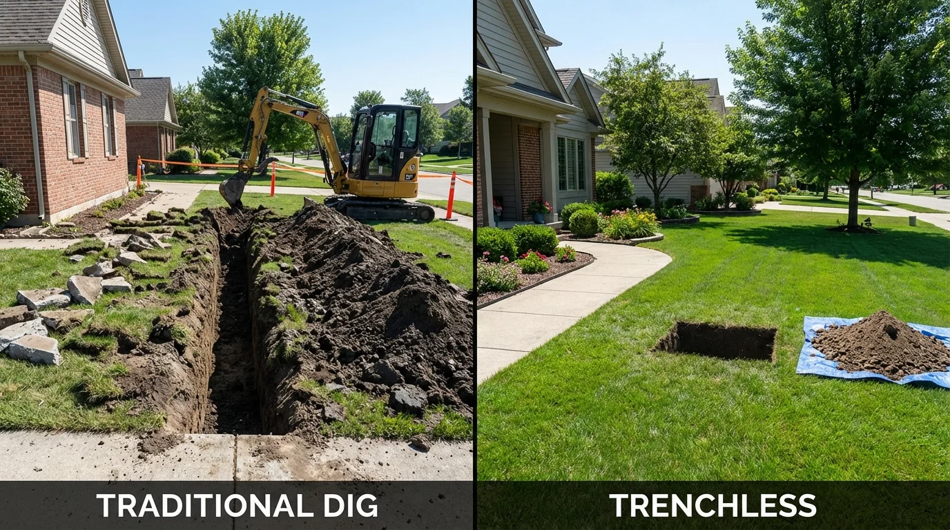 Trenchless sewer repair with minimal yard damage versus traditional excavation in Downers Grove, IL