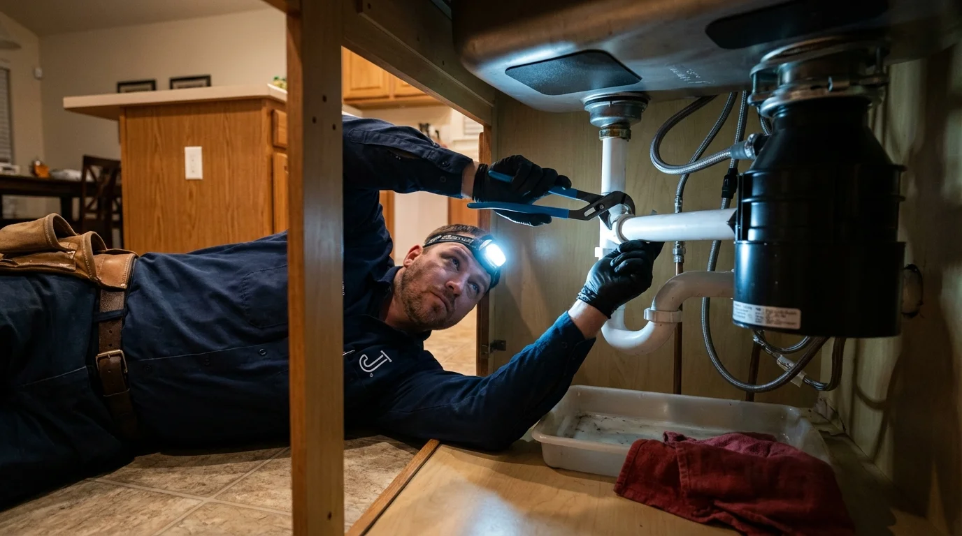 P-trap and supply line connections under a kitchen sink showing a common leak point in Downers Grove, IL